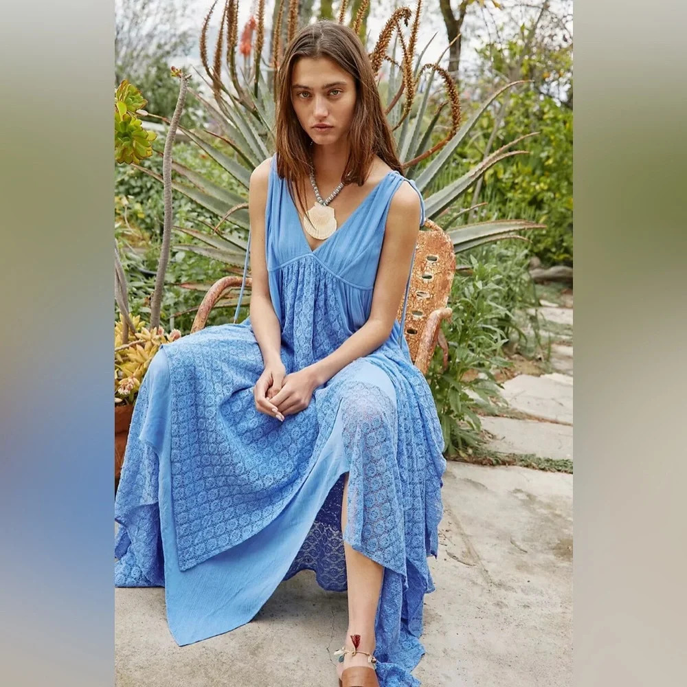 Free People Blue Almost Heavenly Maxi Lace Dress Size Extra Small XS